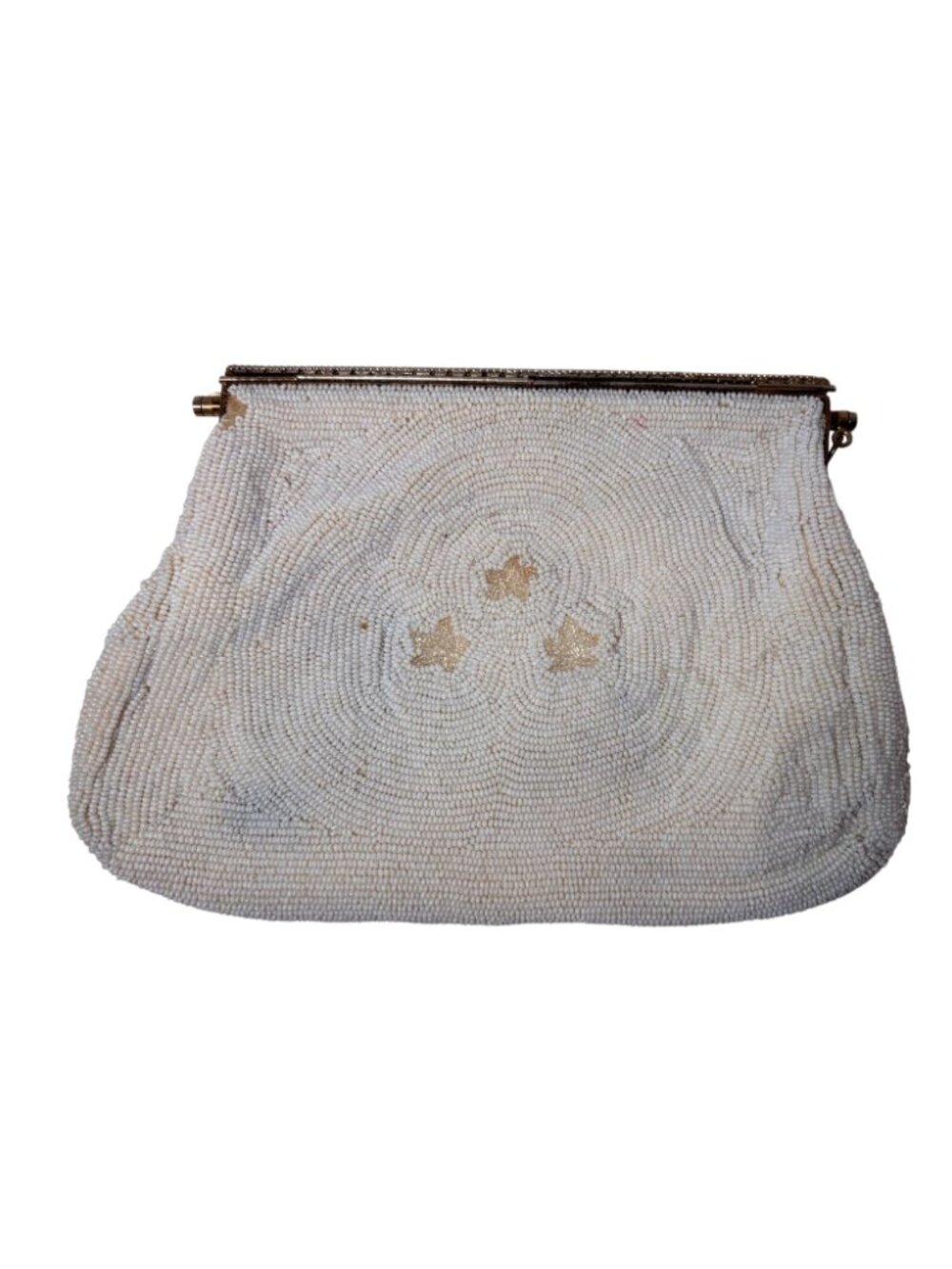 Vintage White Seed Beaded Evening Clutch Floral Design & Metal Frame - Picture 2 of 8